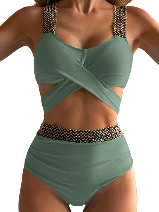 Swimwear- Golden Women's High-Waisted Bikini Set with Contrast Straps & Twist Bra- Green- Chuzko Women Clothing