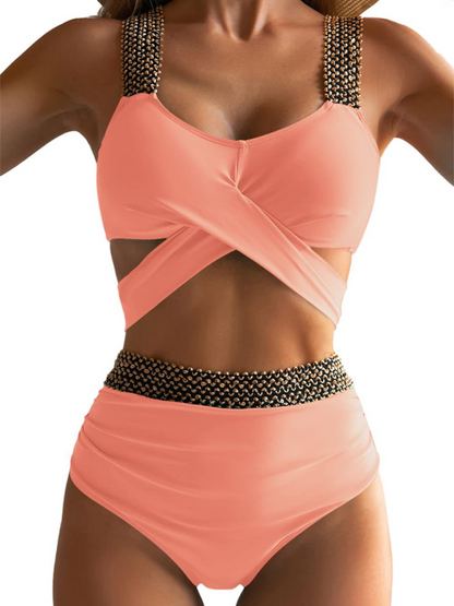 Swimwear- Golden Women's High-Waisted Bikini Set with Contrast Straps & Twist Bra- Lotus root Pink- Chuzko Women Clothing