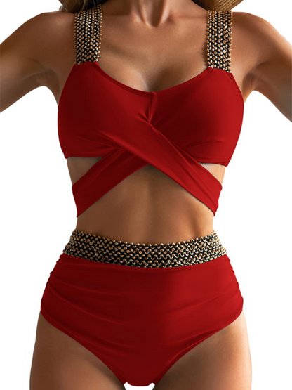 Swimwear- Golden Women's High-Waisted Bikini Set with Contrast Straps & Twist Bra- Red- Chuzko Women Clothing