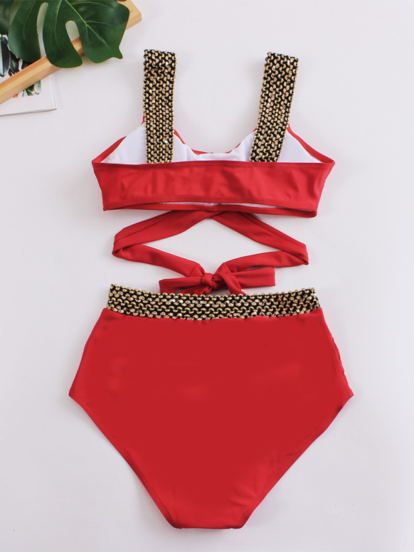 Swimwear- Golden Women's High-Waisted Bikini Set with Contrast Straps & Twist Bra- - Chuzko Women Clothing