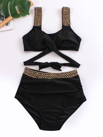 Swimwear- Golden Women's High-Waisted Bikini Set with Contrast Straps & Twist Bra- - Chuzko Women Clothing