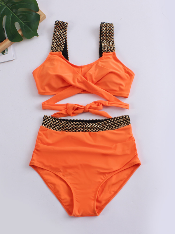 Swimwear- Golden Women's High-Waisted Bikini Set with Contrast Straps & Twist Bra- Orange- Chuzko Women Clothing