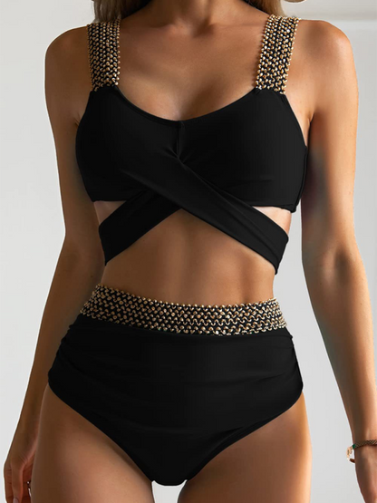 Swimwear- Golden Women's High-Waisted Bikini Set with Contrast Straps & Twist Bra- Black- Chuzko Women Clothing