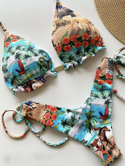 Swimwear- Hawaiian Print Triangle Bra & Bikini 2 Piece Set for Women- Aqua- Chuzko Women Clothing