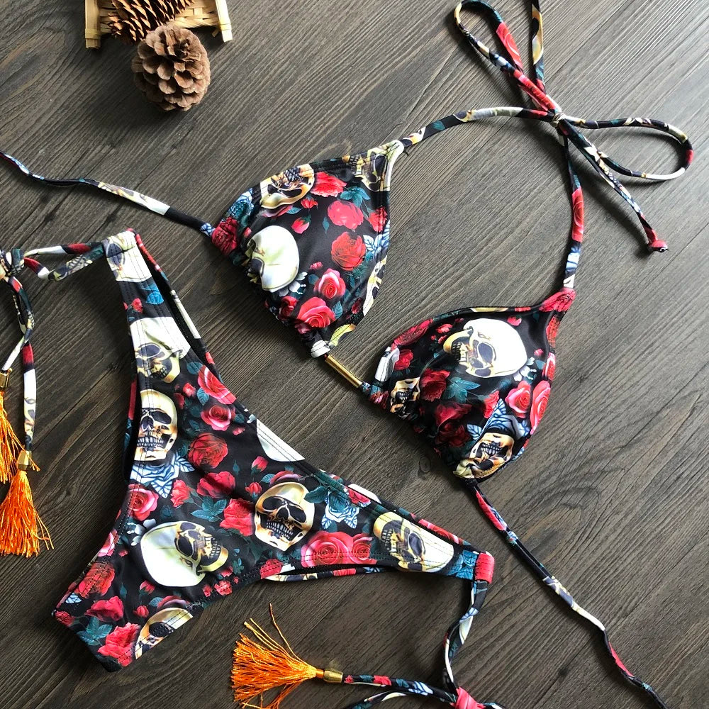 Swimwear- Hawaiian Print Triangle Bra & Bikini 2 Piece Set for Women- - Chuzko Women Clothing