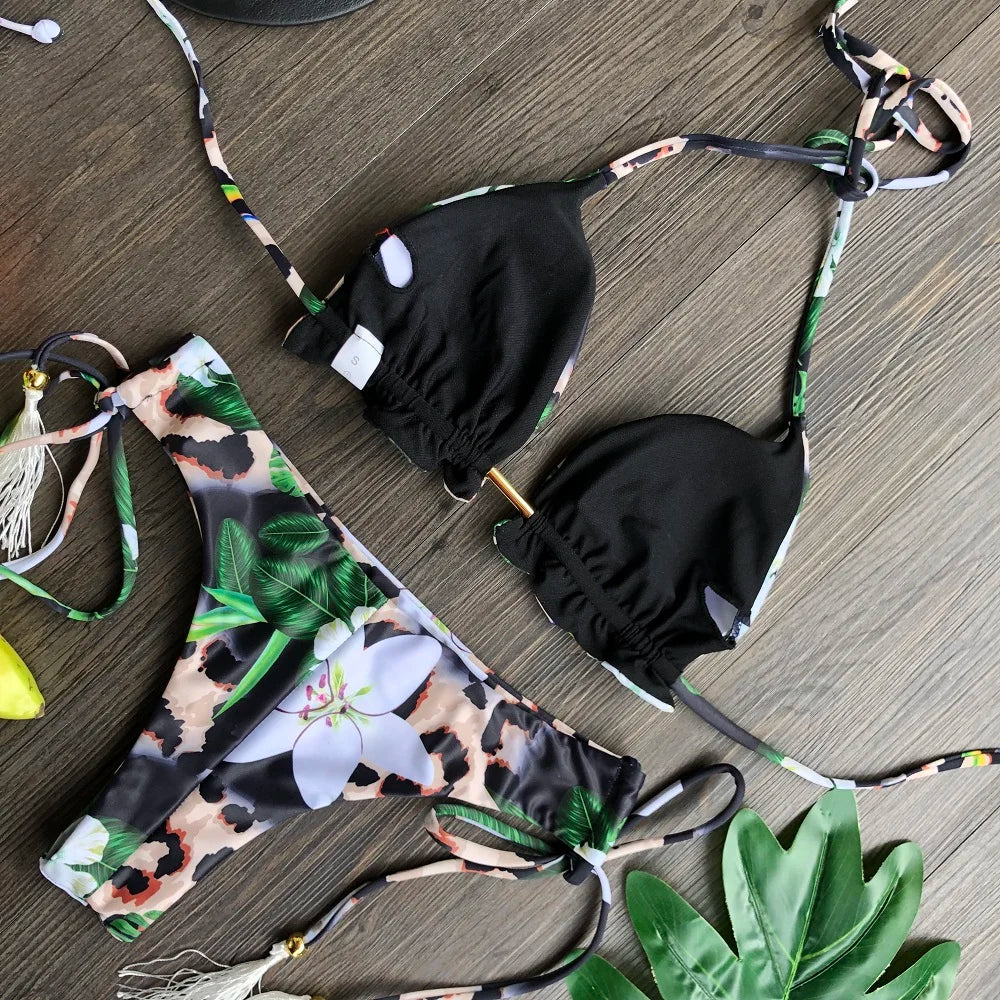 Swimwear- Hawaiian Print Triangle Bra & Bikini 2 Piece Set for Women- - Chuzko Women Clothing