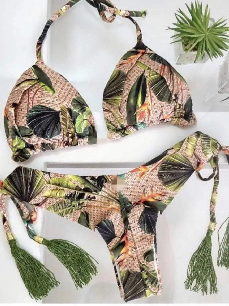 Swimwear- Hawaiian Print Triangle Bra & Bikini 2 Piece Set for Women- Green- Chuzko Women Clothing
