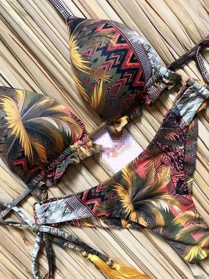Swimwear- Hawaiian Print Triangle Bra & Bikini 2 Piece Set for Women- Yellow- Chuzko Women Clothing