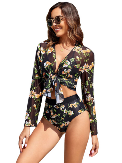 Swimwear- Leafy Print Triangle Tie Bra & Tummy Control Bottom with Top Cover-Up- - Chuzko Women Clothing