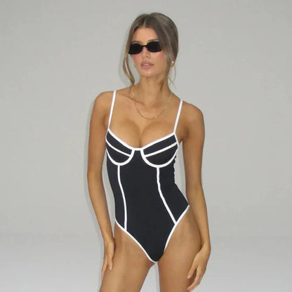 Monochrome One-Piece Swimsuit - Contrast Trim Swimwear