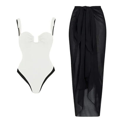 Swimwear- Monochrome Swimsuit & Sarong for Beach Days & Pool Parties- - Chuzko Women Clothing