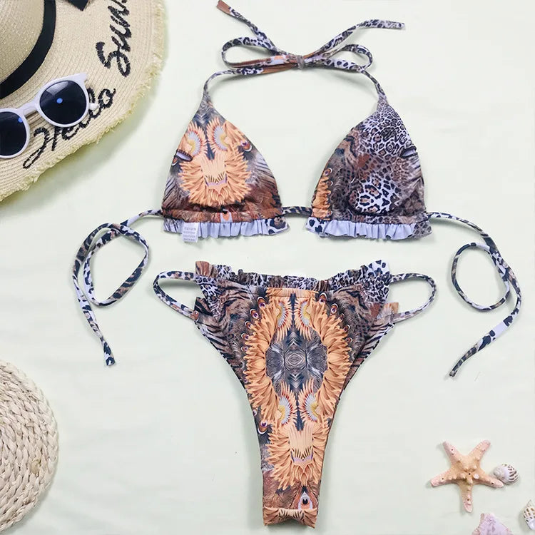Ocean Triangle Halter Bra & Bikini Set with Matching Cover-Up