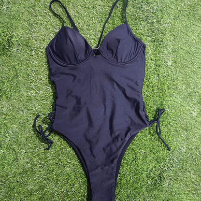 Swimwear- One-Piece Underwire Swimsuit with Side Lacing- - Chuzko Women Clothing