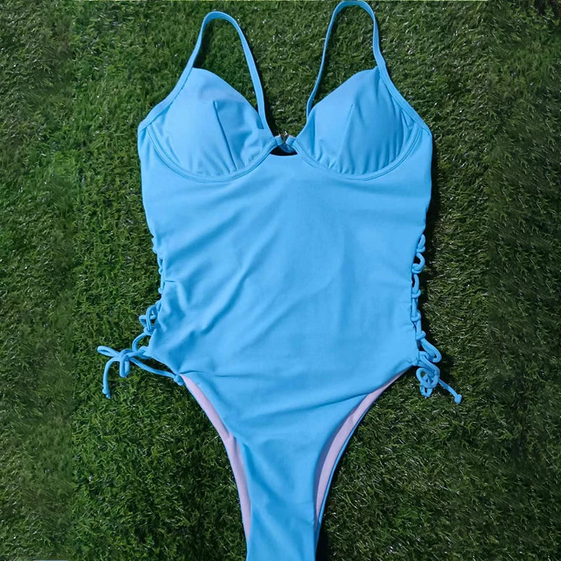 Swimwear- One-Piece Underwire Swimsuit with Side Lacing- - Chuzko Women Clothing