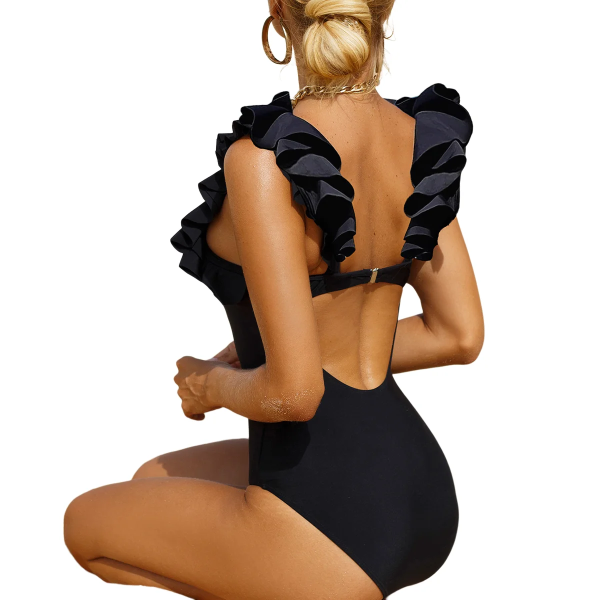Swimwear- One-Piece with Ruffle Shoulders Swimsuit- - Chuzko Women Clothing