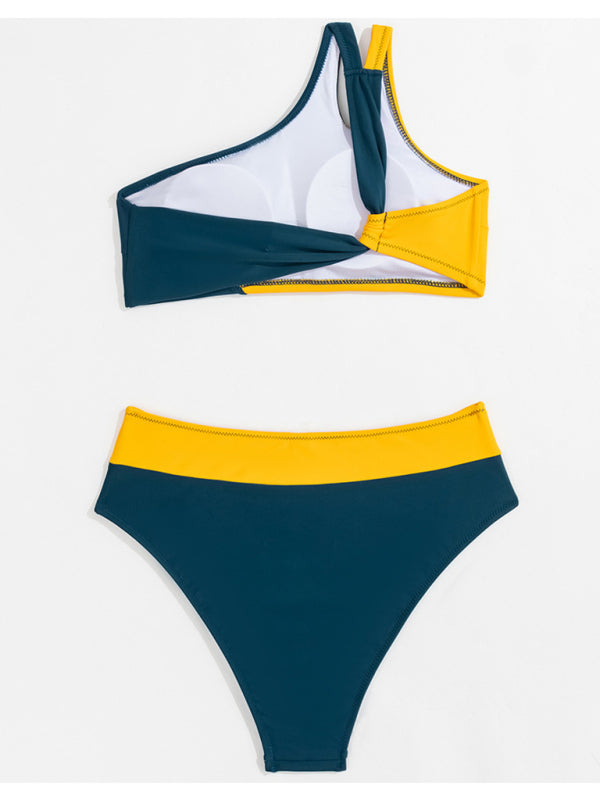 Swimwear- One-Shoulder Bra & High-Waisted Bottom Beach Bikini in Color Block 2-Piece- - Chuzko Women Clothing