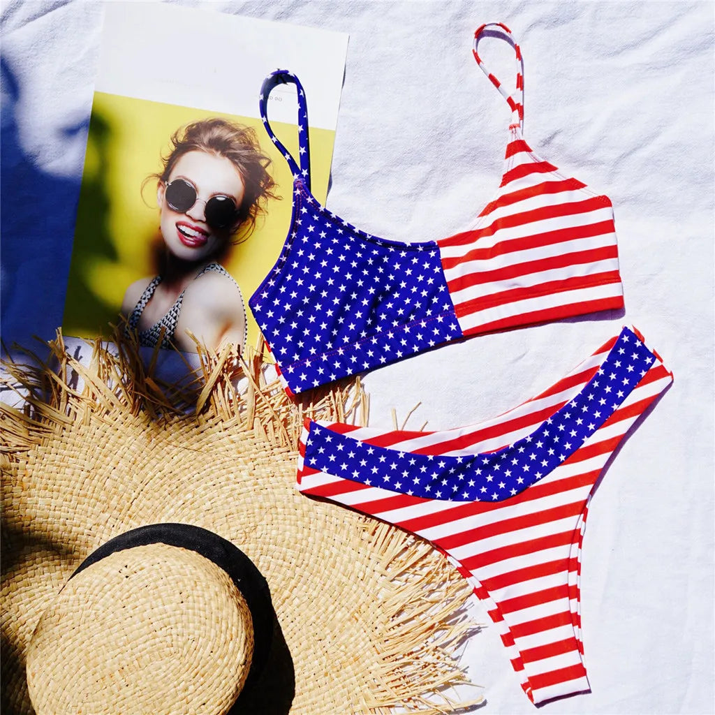 Swimwear- Patriotic American Flag Bra & Bikini Swimwear for Celebratory Sunbathing- - Chuzko Women Clothing