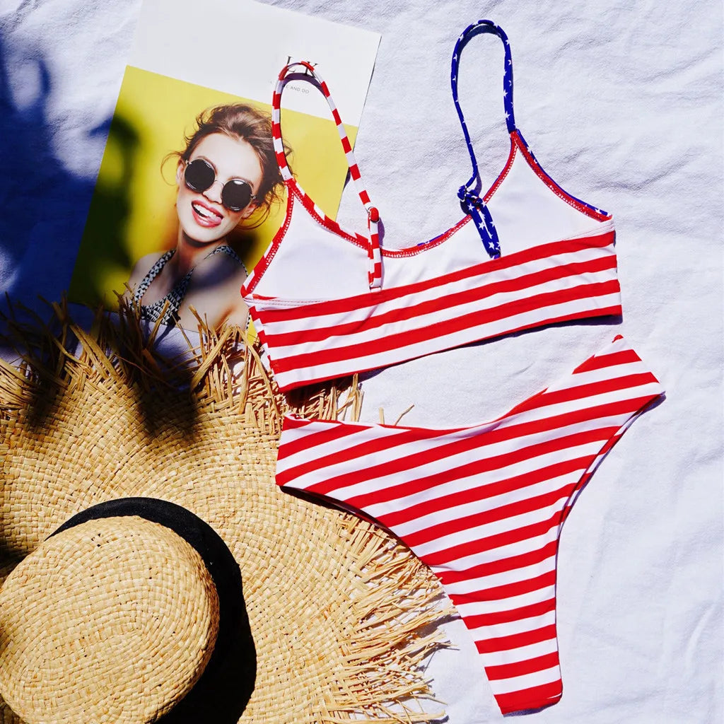 Swimwear- Patriotic American Flag Bra & Bikini Swimwear for Celebratory Sunbathing- - Chuzko Women Clothing