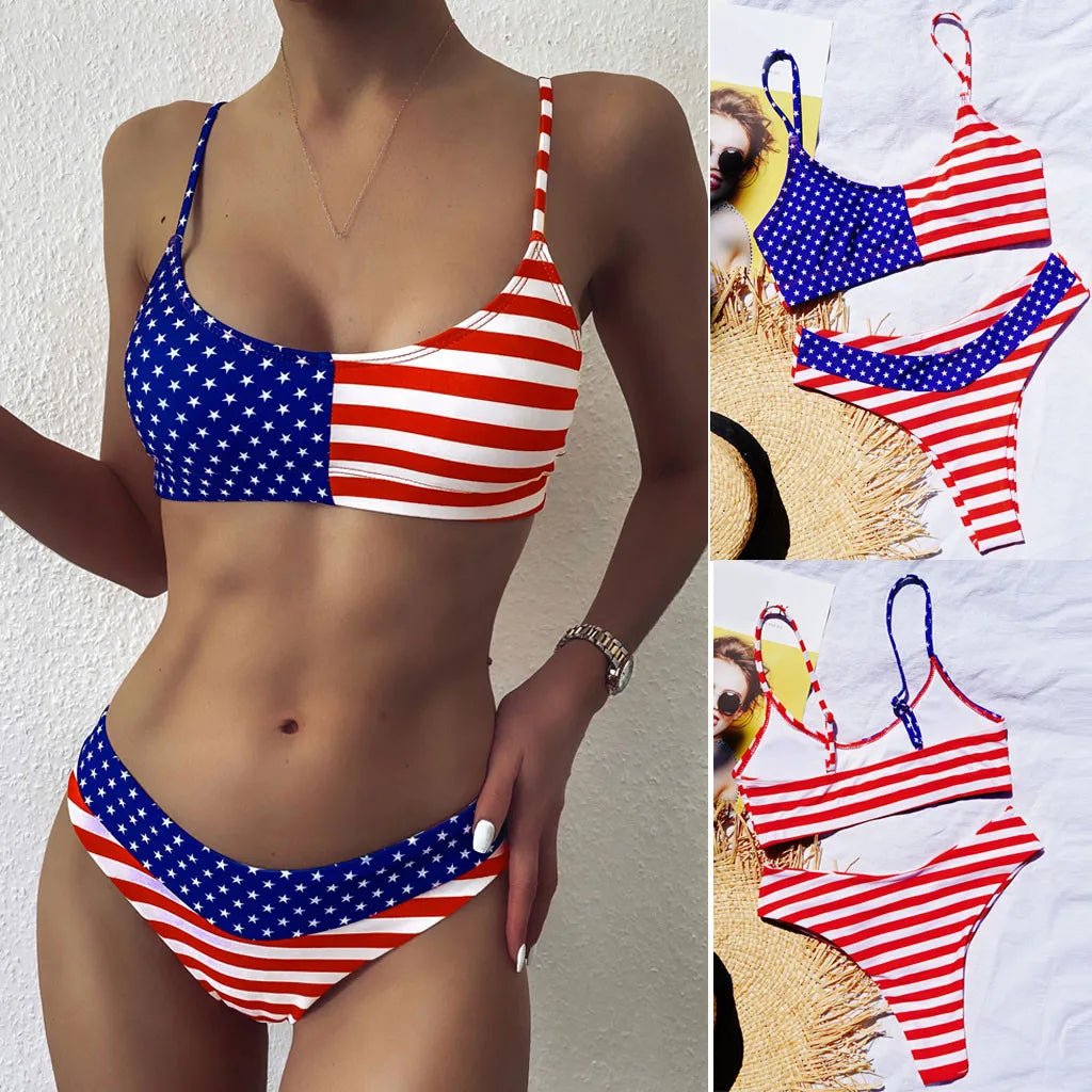 Swimwear- Patriotic American Flag Bra & Bikini Swimwear for Celebratory Sunbathing- Blue- Chuzko Women Clothing