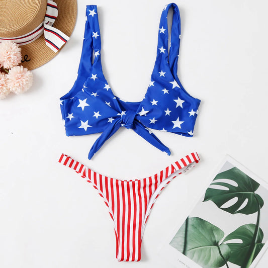Swimwear- Patriotic American Flag Swimwear 2 Piece Micro Bikini for National Holidays- - Chuzko Women Clothing