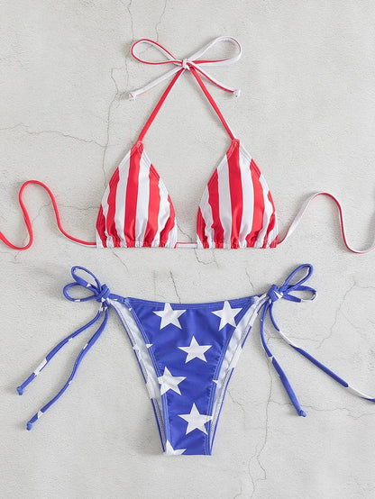 Swimwear- Patriotic American Flag Triangle Bra & Tie-Sides Bikini for Summer- - Chuzko Women Clothing