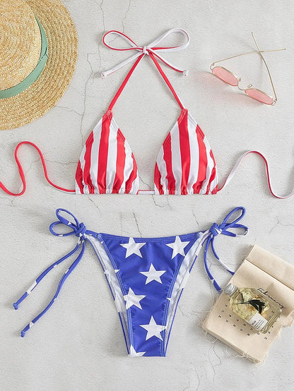 Swimwear- Patriotic American Flag Triangle Bra & Tie-Sides Bikini for Summer- - Chuzko Women Clothing