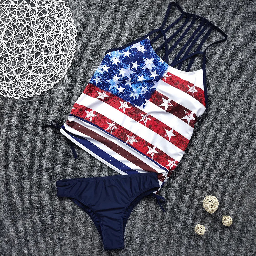 Swimwear- Patriotic Tankini for Independence Day - Tank Top & Bikini- Blue Navy- Chuzko Women Clothing