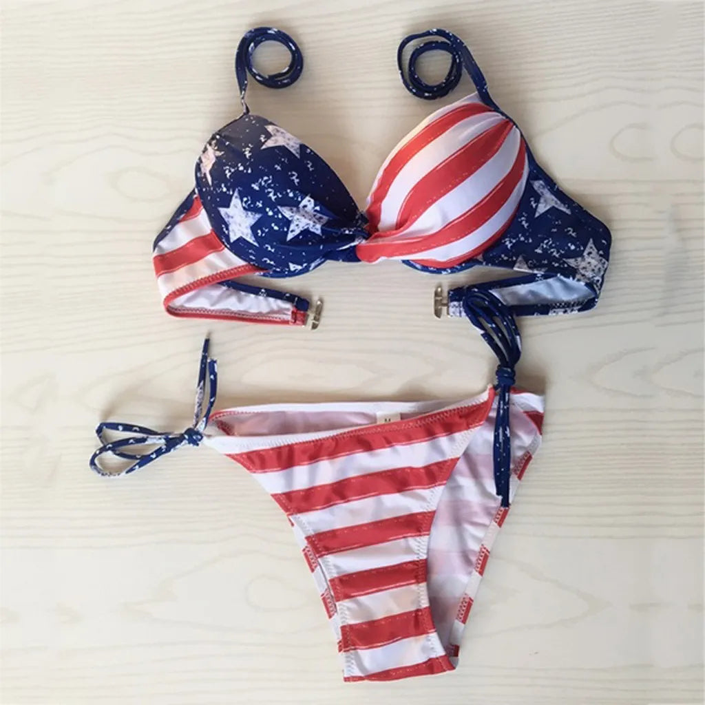 Swimwear- Patriotic Two-Piece Underwire Perfect for Summer Days - American Flag Swimwear- - Chuzko Women Clothing