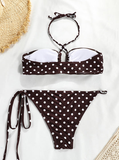 Polka Dot 2 Piece Swimwear - Bandeau Bra & Tie-Side Bikini in Peach