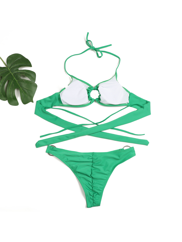 Swimwear- Poolside 2 Piece Ruched String Swimwear & Bra with Linked Rings- - Chuzko Women Clothing