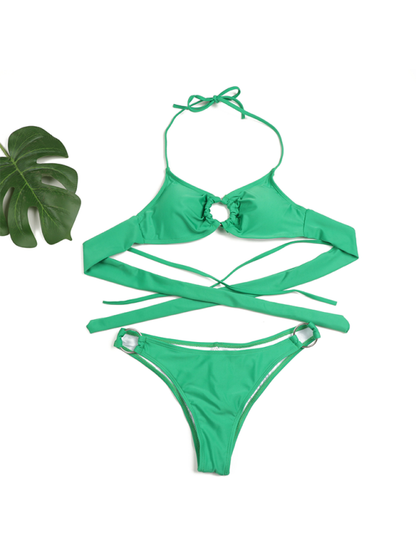 Swimwear- Poolside 2 Piece Ruched String Swimwear & Bra with Linked Rings- - Chuzko Women Clothing
