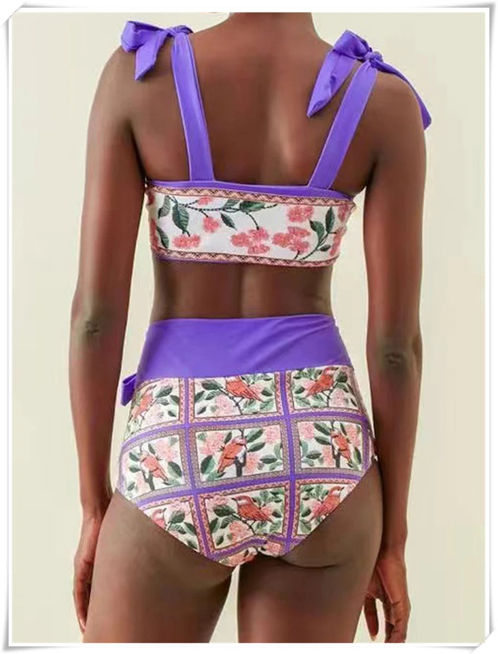 Swimwear- Purple Print 3-Piece Tummy Control Bikini - Tie Top & High Waist Bottoms & Cover-Up- Chuzko Women Clothing