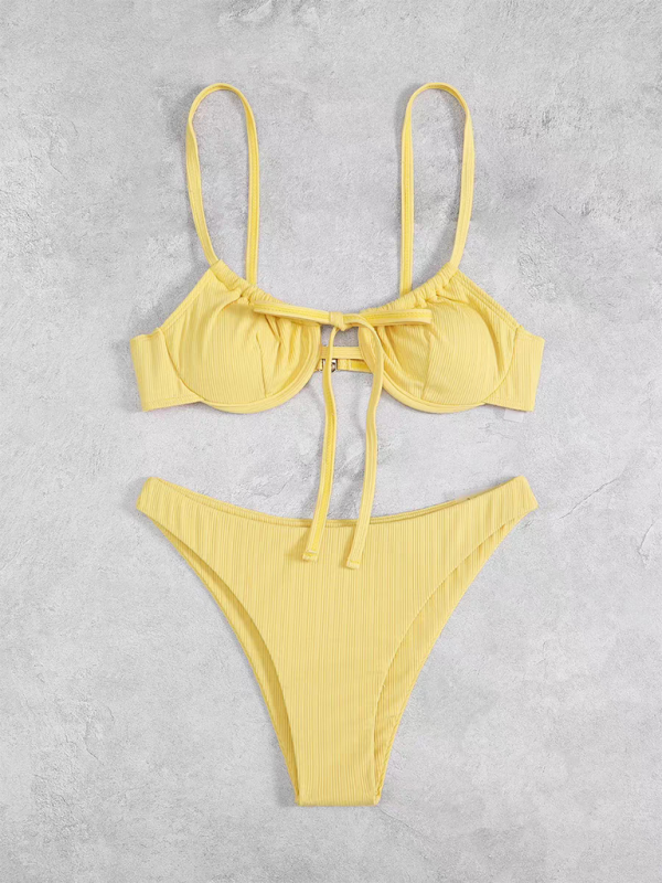 Swimwear- Ribbed Two-Piece Swimsuit Set with Underwire Bikini for Women- - Chuzko Women Clothing