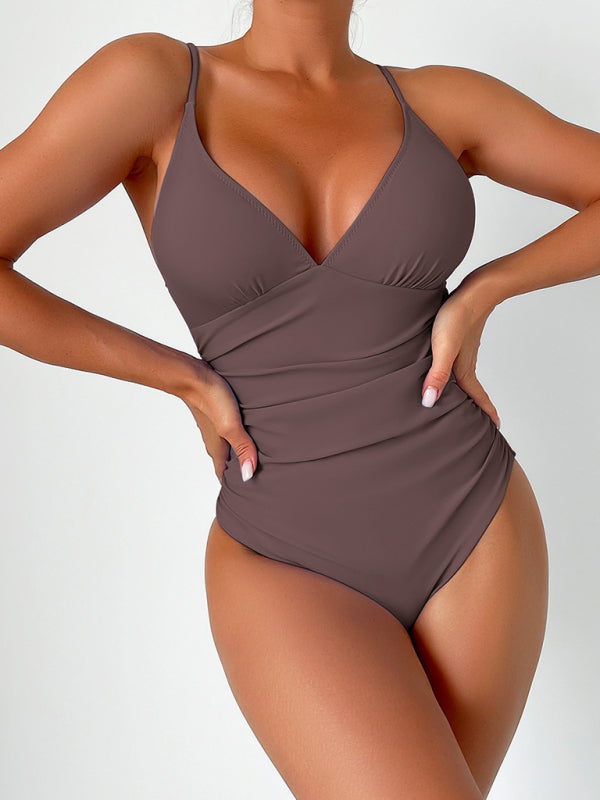 Swimwear- Sculpted Silhouette Tummy Control Solid Ruched One-Piece Swimwear- Coffee- Chuzko Women Clothing