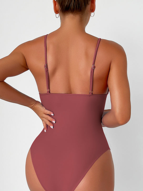 Swimwear- Sculpted Silhouette Tummy Control Solid Ruched One-Piece Swimwear- - Chuzko Women Clothing