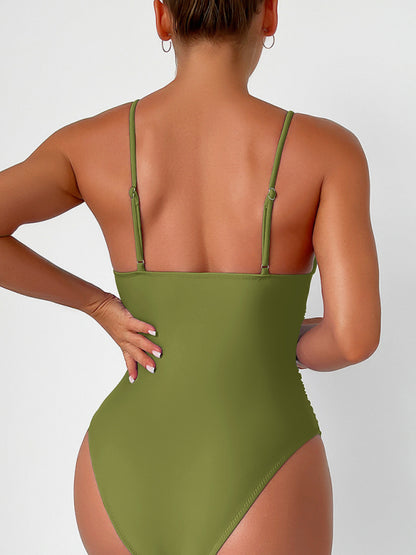 Swimwear- Sculpted Silhouette Tummy Control Solid Ruched One-Piece Swimwear- - Chuzko Women Clothing