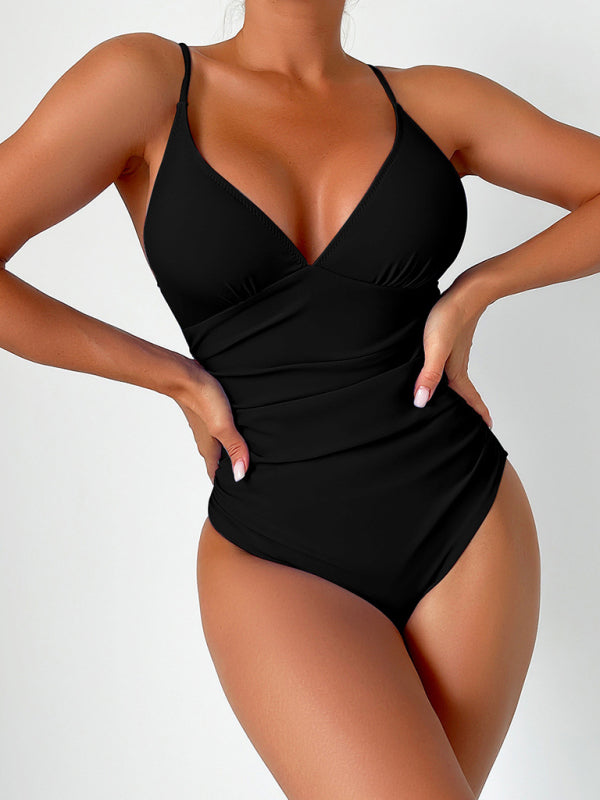 Swimwear- Sculpted Silhouette Tummy Control Solid Ruched One-Piece Swimwear- Black- Chuzko Women Clothing
