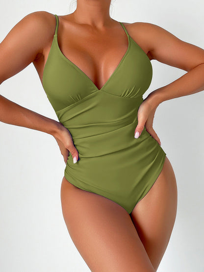 Swimwear- Sculpted Silhouette Tummy Control Solid Ruched One-Piece Swimwear- Mint Green- Chuzko Women Clothing