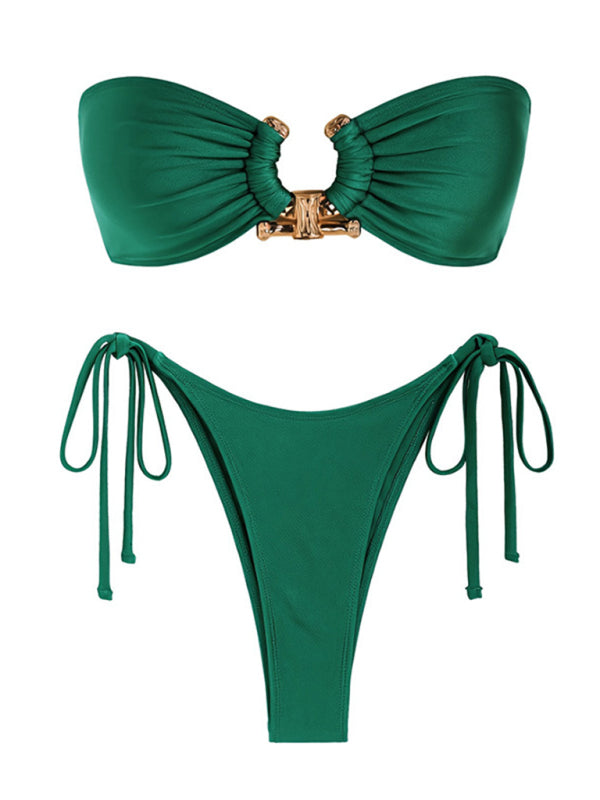Shiny 2 Piece String Ring Swimwear - Bandeau Tube Bra & Tie-Side Bikini
