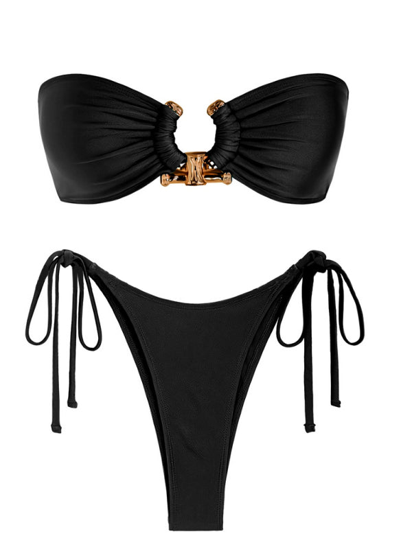 Glänzende 2-teilige Bademode mit Stringring – Bandeau-Tube-BH und seitlich zu bindender Bikini