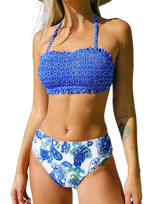 Swimwear- Smocked Bandeau Bikini & Tube Top Set for Women- - Chuzko Women Clothing
