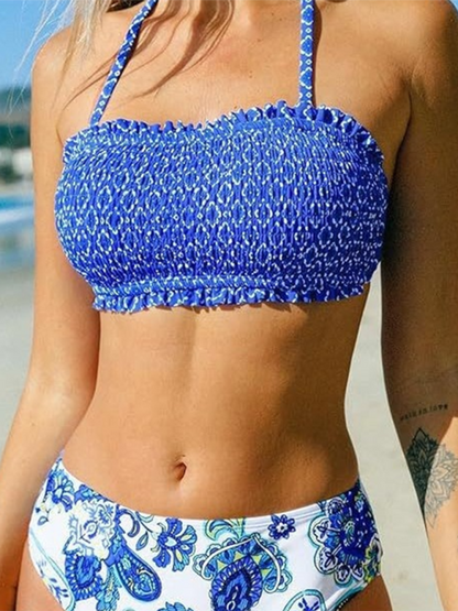 Swimwear- Smocked Bandeau Bikini & Tube Top Set for Women- Blue- Chuzko Women Clothing