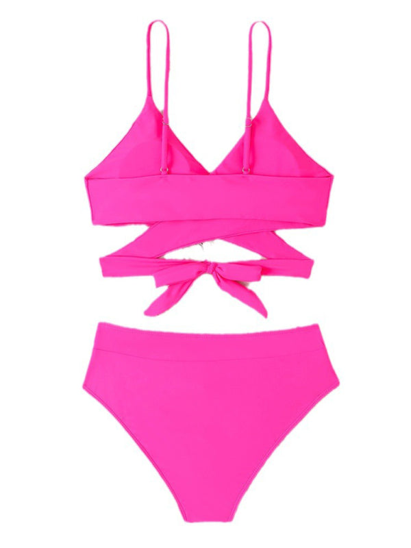 Swimwear- Solid 2 Piece Swimsuit - Wireless Crossover Bra & High-Waist Bikini- - Chuzko Women Clothing