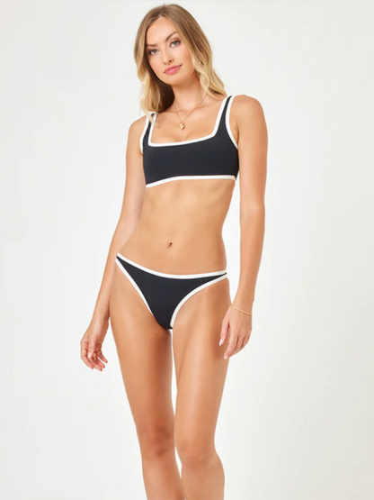 Swimwear- Sporty Bra & Low-Waist Bikini Set in Contrast Binding- - Chuzko Women Clothing