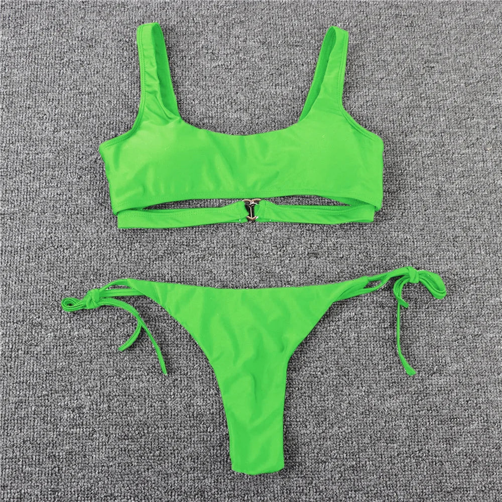 Swimwear- Sporty Bra String 2-Piece Swimwear Tie-Side Micro Bikini- - Chuzko Women Clothing