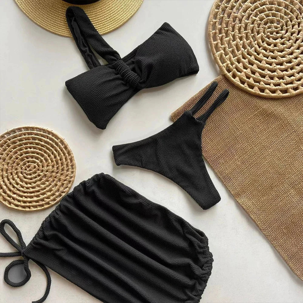 Swimwear- Sunny Days Swim 3-Piece Set Textured One-Shoulder Bra & Bikini with Mini Skirt- Black- Chuzko Women Clothing
