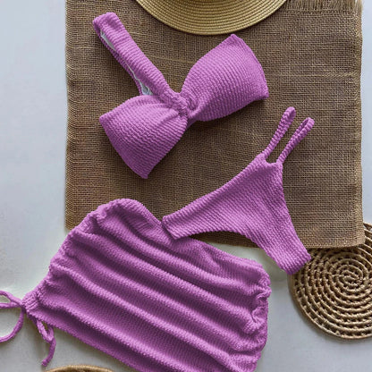 Swimwear- Sunny Days Swim 3-Piece Set Textured One-Shoulder Bra & Bikini with Mini Skirt- Purple- Chuzko Women Clothing