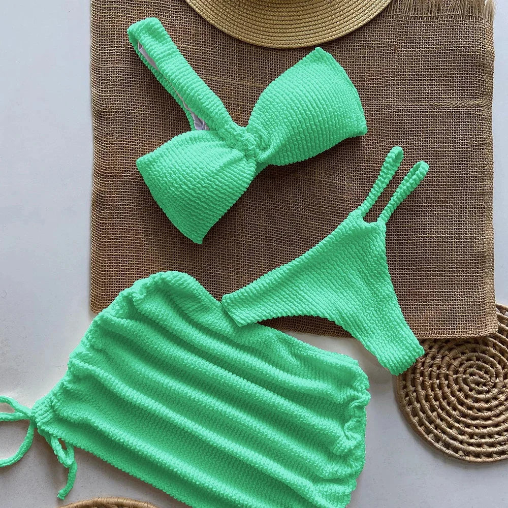 Swimwear- Sunny Days Swim 3-Piece Set Textured One-Shoulder Bra & Bikini with Mini Skirt- Green- Chuzko Women Clothing