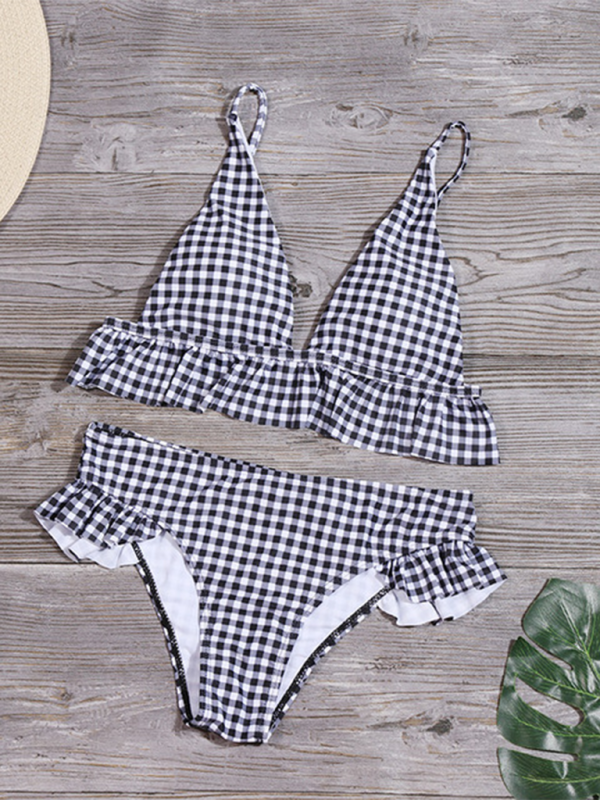 Swimwear- Tartan Ruffle Bra & Bikini for Sun-Kissed Getaway- - Chuzko Women Clothing