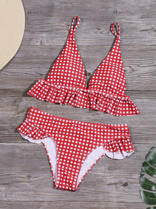 Swimwear- Tartan Ruffle Bra & Bikini for Sun-Kissed Getaway- Red- Chuzko Women Clothing